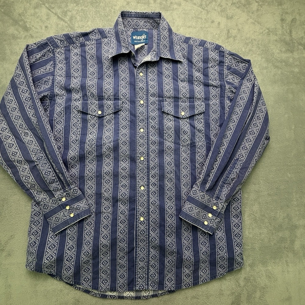 Wrangler Western Vintage Blue Pearl Snap Short Sleeve Shirt Aztec Men's Medium